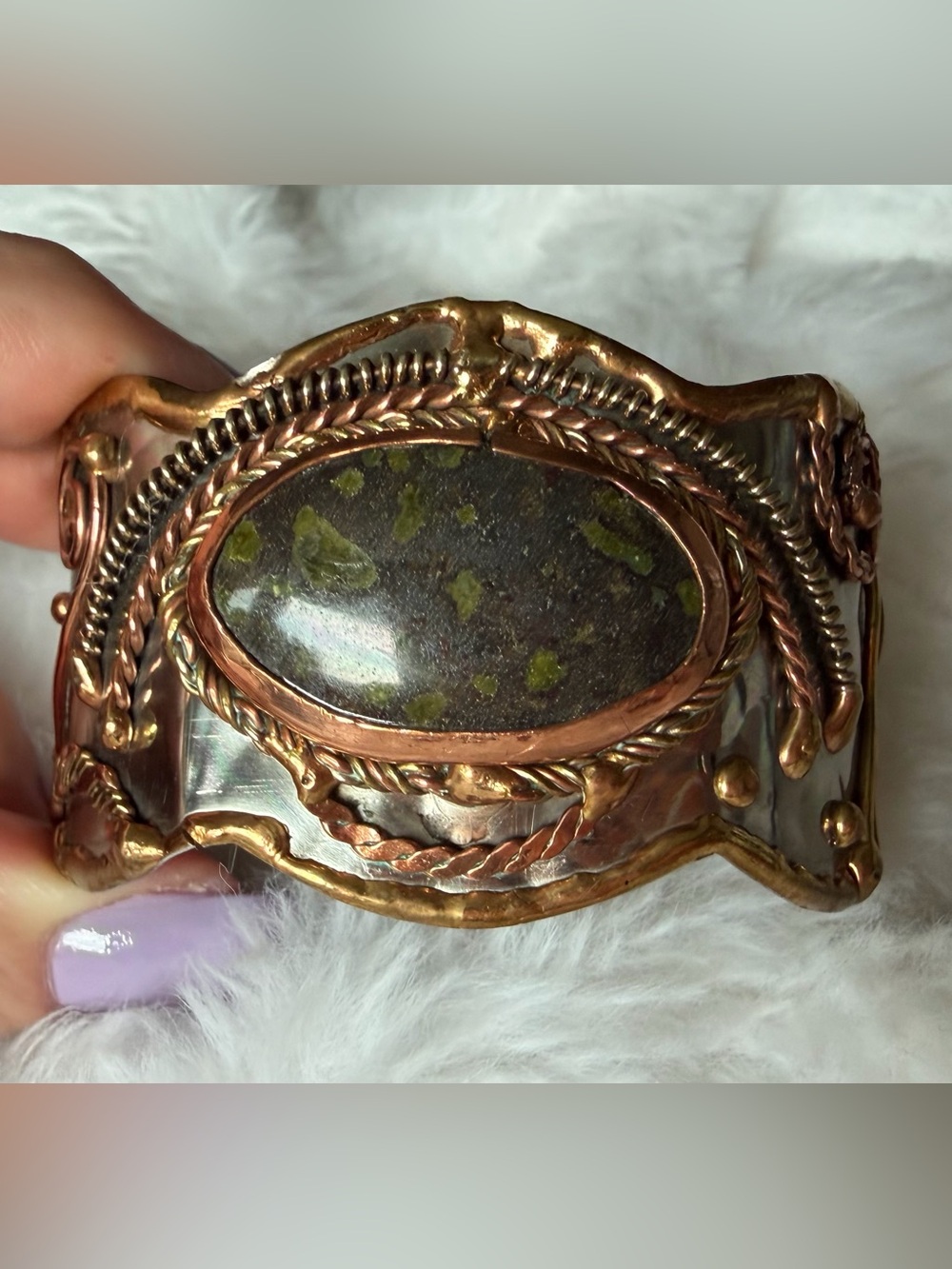 Handcrafted Gold & Silver Cuff Bracelet with Green Stone